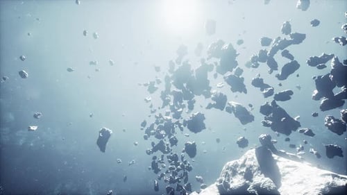 Cinematic Flight Through Dark Deep Space Asteroid Field with Stars