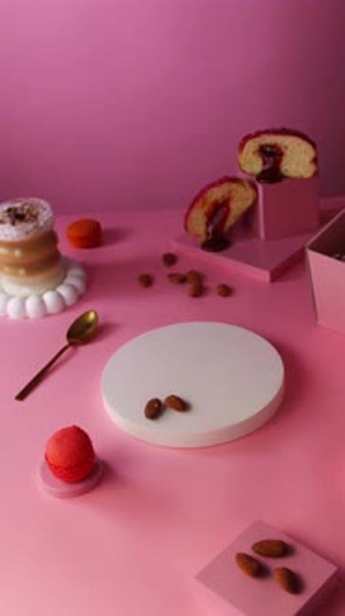 close-up shot of female hand lifting almond-covered Berliner donut from a round display base.