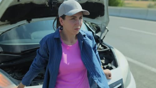 Woman and Broken Car on the Side of Road