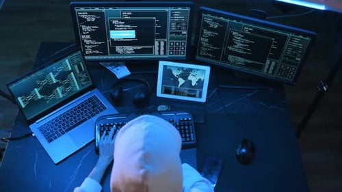 Hacker Working at Desk with Multiple Monitors