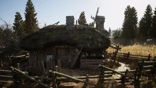 Rustic Abandoned Hut Surrounded By Tall Trees and Golden Fields During Daylight