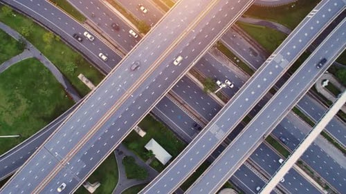 4K : Top view of interchange and motorway road
