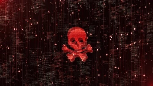 Digital Red Skull and Crossbones Glitch Warning