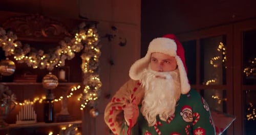 Young Man in Santa Claus Costume Bring Huge Bag with Gifts on Back at Christmas