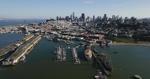 Aerial view over the Piers and the Fisherman’s Wharf, in sunny San Francisco, USA