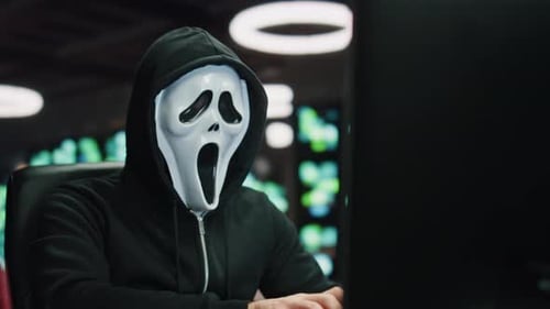 Hacker Man Breaking Cybersecurity at Night Place Closeup Cybercriminal Reading