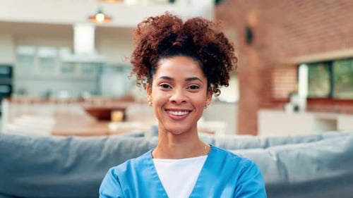 Healthcare, face and nurse in house with smile, about us and career pride in caregiving