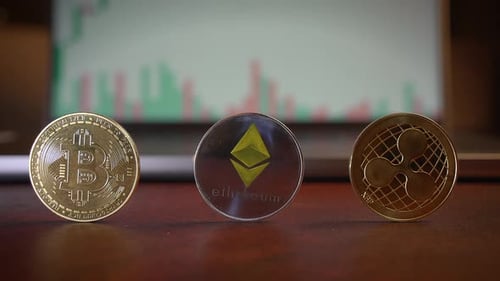 Cryptocurrency Coins Displayed Against a Dynamic Trading Background Highlighting Market Trends