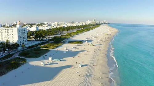 Miami South Beach. Aerial drone panorama view flight over Miami.