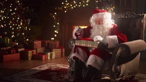 Santa Claus Wrapping Christmas Gift in Cozy Room