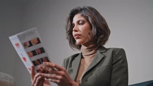 Young Woman Reading Brochure in Beauty Clinic Closeup Beautiful Businesswoman