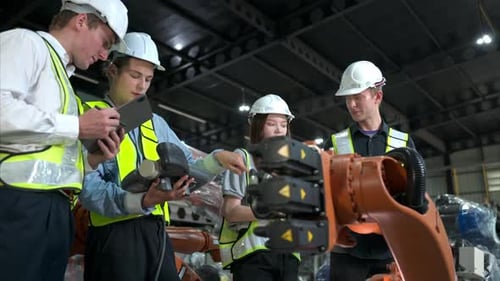 Gruppe von Ingenieuren und Technikern, die in einer Roboterarmfabrik zusammenarbeiten. Inspektion des Roboterarms