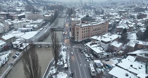 Sarajevo City Hall or National Library in Town Center Aerialhyper Lapse or Time Lapse