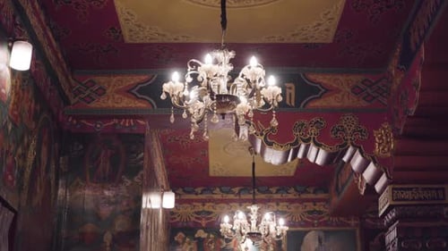 Old Chandelier With Beautiful Painting On Ceilings And Columns In The Ancient Temple. - Boudhanath S