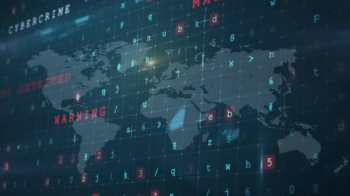 Security shield icon and cyber security data processing against world map on blue background