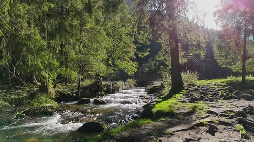 A Mountain River or Stream of Cool Clear Pure Water Flows Among Rocks and Mountains in the Mountains