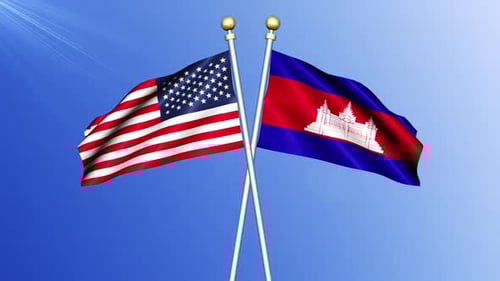 United States and Cambodia Flags Crossed Waving