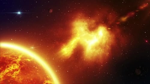 Cosmic Nebula and Fiery Planet in Starry Space Background