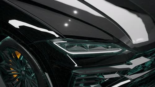 Primer plano de los faros de un automóvil de lujo con plano de estructura alámbrica digital