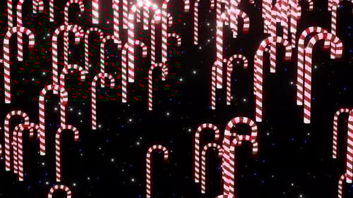 Bastón de caramelo al amanecer aislado sobre fondo de estrellas renderizado en 3D. Gotas de caramelo blancas y rojas