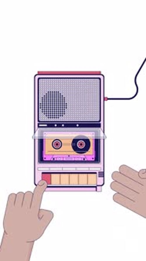 Inserting cassette into 80s style tape player cartoon vertical animation