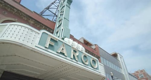 Fargo theatre marquee in downtown fargo North Dakota on a summer day