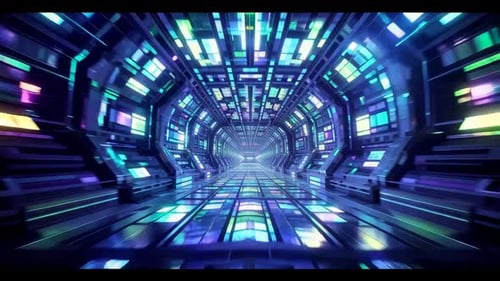 Túnel de neón futurista de ciencia ficción con panel digital brillante