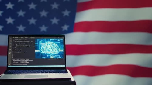 American Technology: Laptop with Brain Code, US Flag