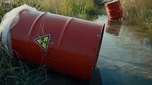 In einer kontaminierten Wasserstraße wurden verlassene Fässer gefunden, die eine Gefahr und ein Risiko für die Umwelt darstellen