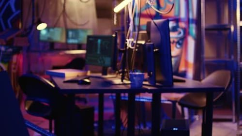 Workspace with Computer Monitors Displaying Code