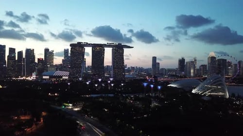 Singapore Skyline Dusk Marina Bay Sands, Aerial 4K