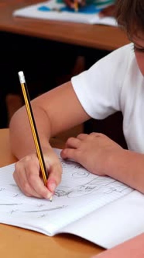 Vertical video of a Caucasian boy focused on writing in a notebook at school