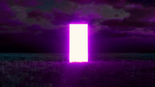 Bright glowing rectangular portal opening in a dark field at night