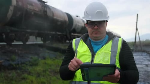 Man with Tablet Inspecting Train Tanker Cars