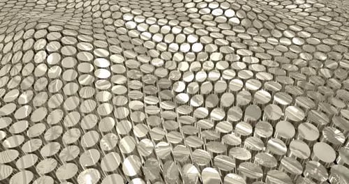 Looped abstract grid of waves of circles of cylinders of metallic golden yellow coins with reflectio