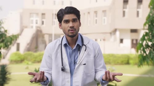 Young Doctor Gesturing and Talking Outside Building
