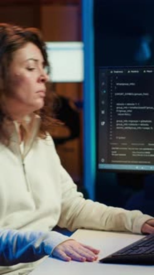 Vertikales Video Müde Frau leidet unter zu viel Stress, der sich beim Programmieren angesammelt hat