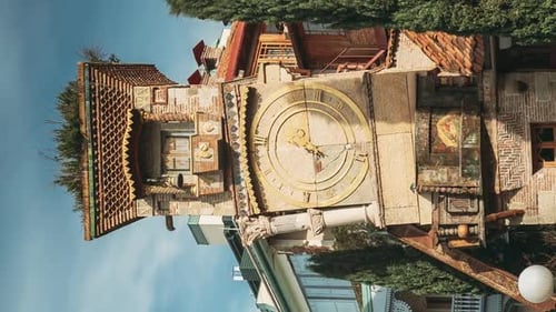 Tbilisi Georgia People Walking Near Famous Rezo Gabriadze Marionette Theater Clock Tower On Old City