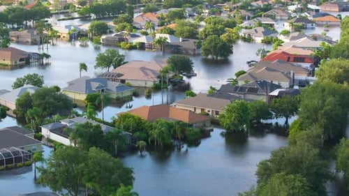 Flooded Houses From Hurricane Rainfall Water in Florida Residential Community Aftermath of Natural