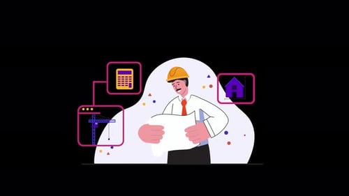 Ingeniero feliz sosteniendo planos en un estilo de dibujos animados
