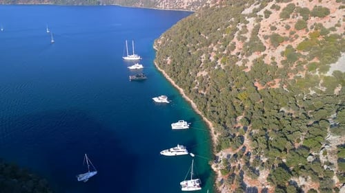 Aerial view of turquoise bay with yachts, Turkey.