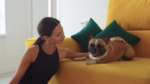 Smiling Woman Sitting By Yellow Couch and Playing with Her Cute Pet Dog
