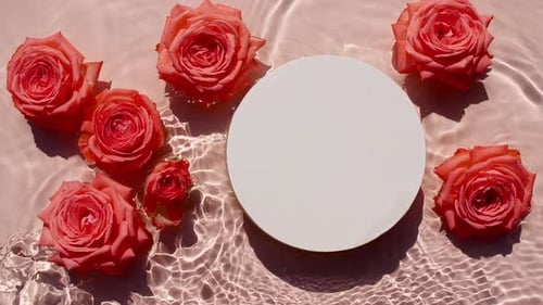 Empty White Circle Podium on Transparent Clear Water Texture with Waves in Sunlight