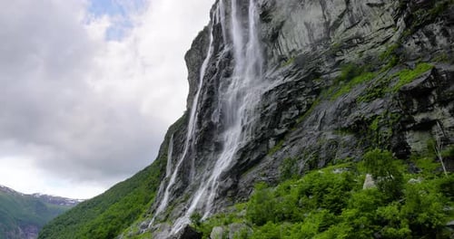 Geiranger fjord, waterfall Seven Sisters. Beautiful Nature Norway natural landscape.