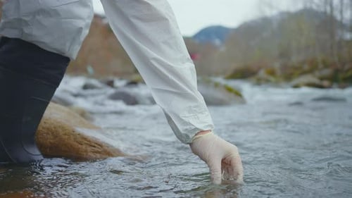 Scientist Takes Samples Dirty Water testExplorers Work Test Tube Close Up