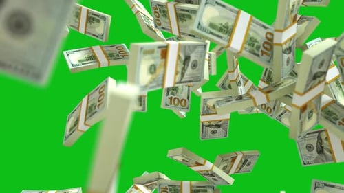 3D animation of stacks of US dollar notes blasting on screen in front of green screen background