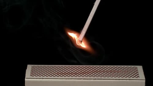 Match Igniting with Flame and Smoke Close Up