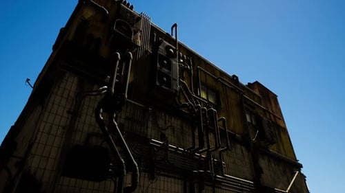 Industrial Building with Pipes Against a Clear Blue Sky During Daytime