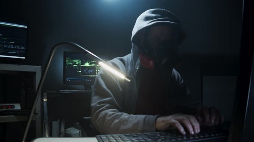 Hooded Hacker Typing at Computer in Dark Room, Technology Stock Footage ...