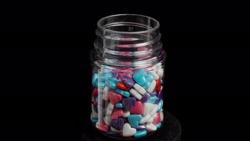 Multicolored sugar hearts in a jar for decorating pastries are spinning in a loop on a black backgro